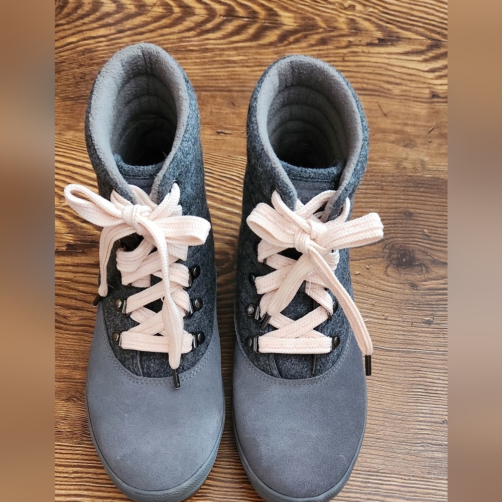 Gray and Pink Lace-Up Boots